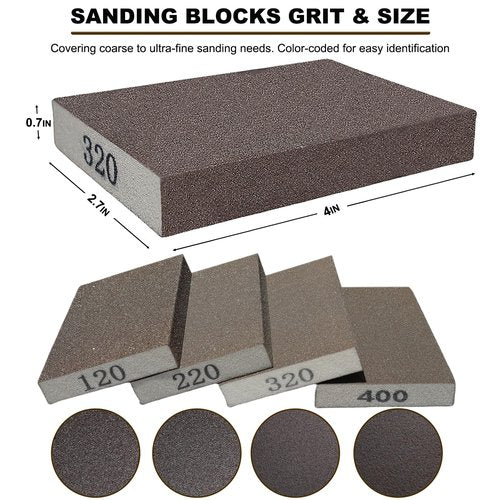 4 Pack Hand Sanding Sponge Set -120 220 320 400 Grit- Coarse Medium Fine Grit Sanding Block, Sander Sponges for Wood-Working Drywall Metal, Washable and Reusable Sponge for Rust Removal Polishing