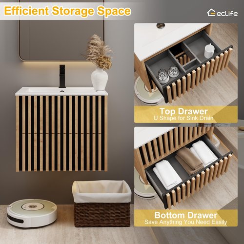 eclife 24" Floating Bathroom Vanity with Sink Combo, Modern Wall Mounted Cabinet with 2 Fluted Drawers, Undermount Sink, Faucet, Drain, Mixed Natural