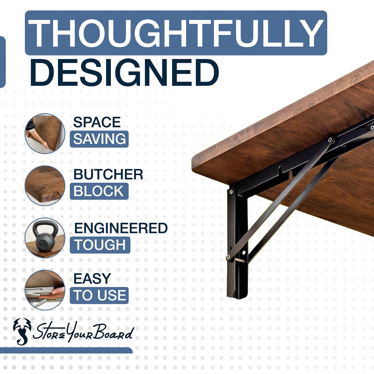 StoreYourBoard Wall Mounted Foldaway Table, Dark Wood Butcher Block Folding Desk, 40" x 18", Black Steel Brackets