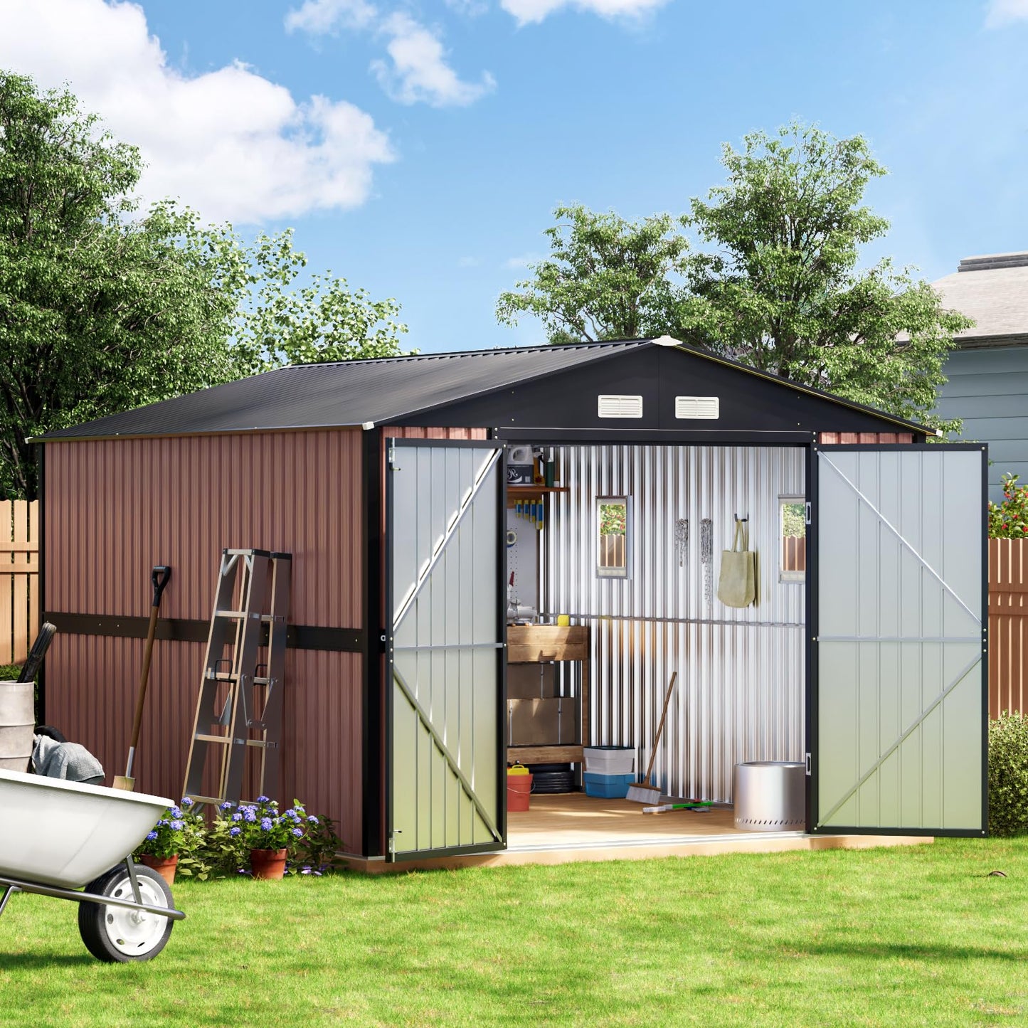 Panovue 10X12 FT Outdoor Metal Storage Shed with Lockable Doors & 2 Windows, Storage Shed Large with Metal Frame Floor for Patio Storage, Garbage Can, Chicken Coop(Wood Panels Not Included)