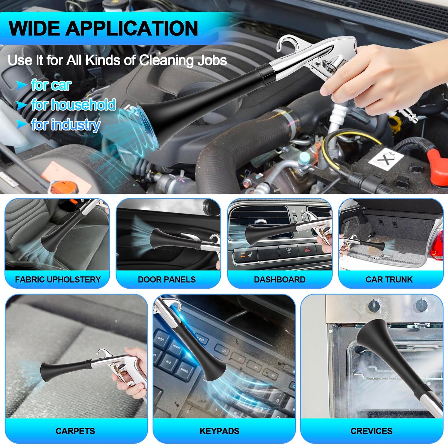 2 Nozzles Air Cleaning Gun, Dry Cleaning Gun Quickly Blasts Dust, Dirt and Grime from Surface, Dryer Air Blow Gun Works with Air Compressor, Car Detailing Tool for Interiors Exteriors Deeply Cleaning