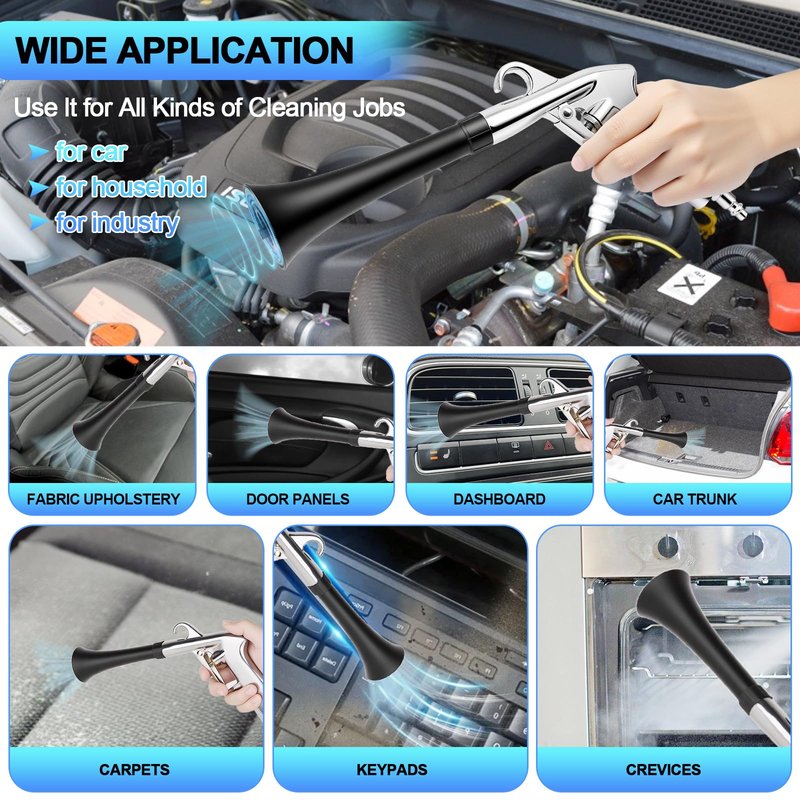 2 Nozzles Air Cleaning Gun, Dry Cleaning Gun Quickly Blasts Dust, Dirt and Grime from Surface, Dryer Air Blow Gun Works with Air Compressor, Car Detailing Tool for Interiors Exteriors Deeply Cleaning