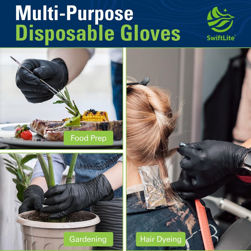 SWIFTLITE Nitrile Gloves, Disposable Black Gloves, Food Safe Rubber Gloves, Latex-Free, Powder-Free for Cooking, Cleaning, Food Prep (X-Large, 1000 Counts)