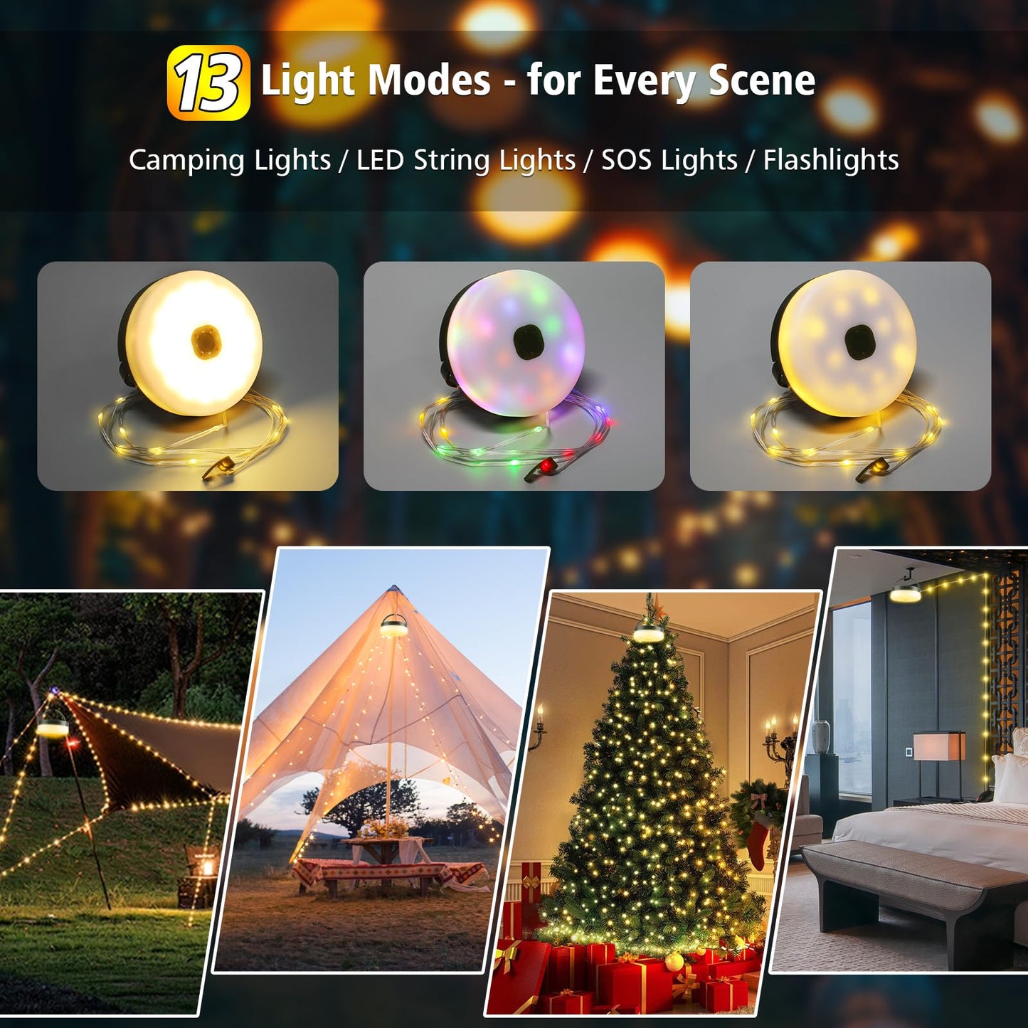 MGYIF Solar Camping String Lights with 180 LEDs, 33 FT Outdoor Fairy String Lights with 13 Lighting Modes & Timer, Waterproof & Rechargeable, Camping Gear for Tent, Yard, Garden, Hiking, Travel Decor