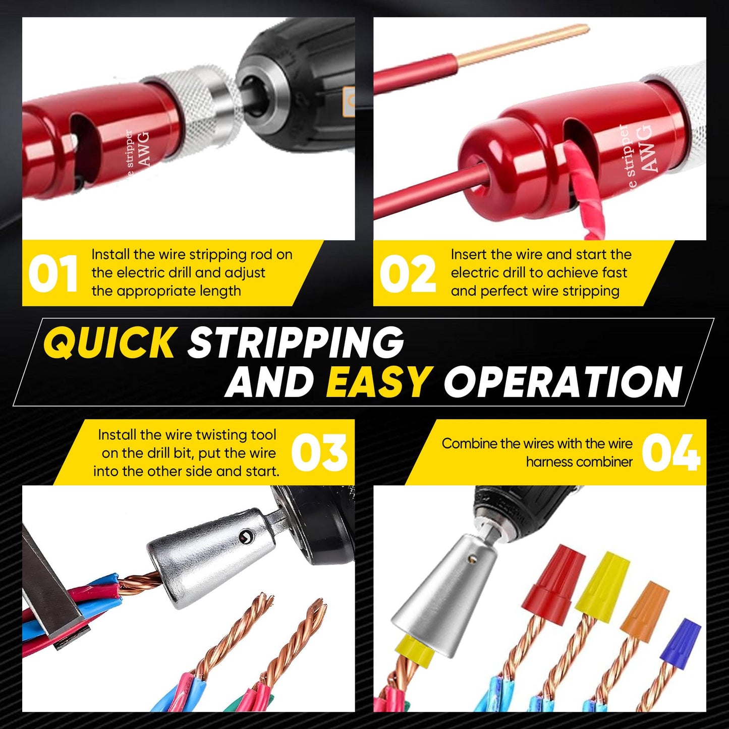 US Regulations Wire Stripping for Drill, Wire Stripping Tool & Wire Twisting Connector Set, Wire Twister Tool for Drill, 8 in 1 Quickly Drill Wire Stripping Professional Electrician Tools Set(8pcs)