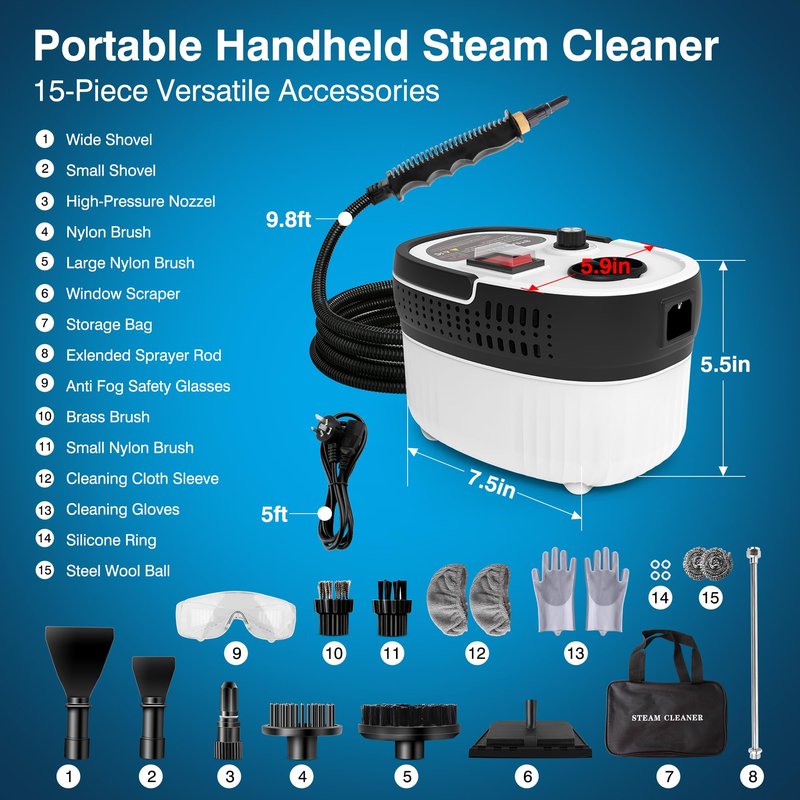 Steam Cleaner for Home & Car Detailing, 2500W High Pressure Portable Steamer with 6-Level Adjustable Steam, 15s Heat-Up, 9.8ft Long Hose, ANSI Z87.1 Goggles, 17-Pcs Kit for Tile, Grout, Hardwood