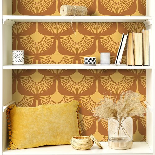 Livelynine Retro Mustard Yellow Bird Wallpaper Peel and Stick Art Deco Crane Wall Paper Removable Contact Paper Waterproof Terracotta Dark Orange Japanese Birds Self Adhesive Wall Covering 17.5x78.8"