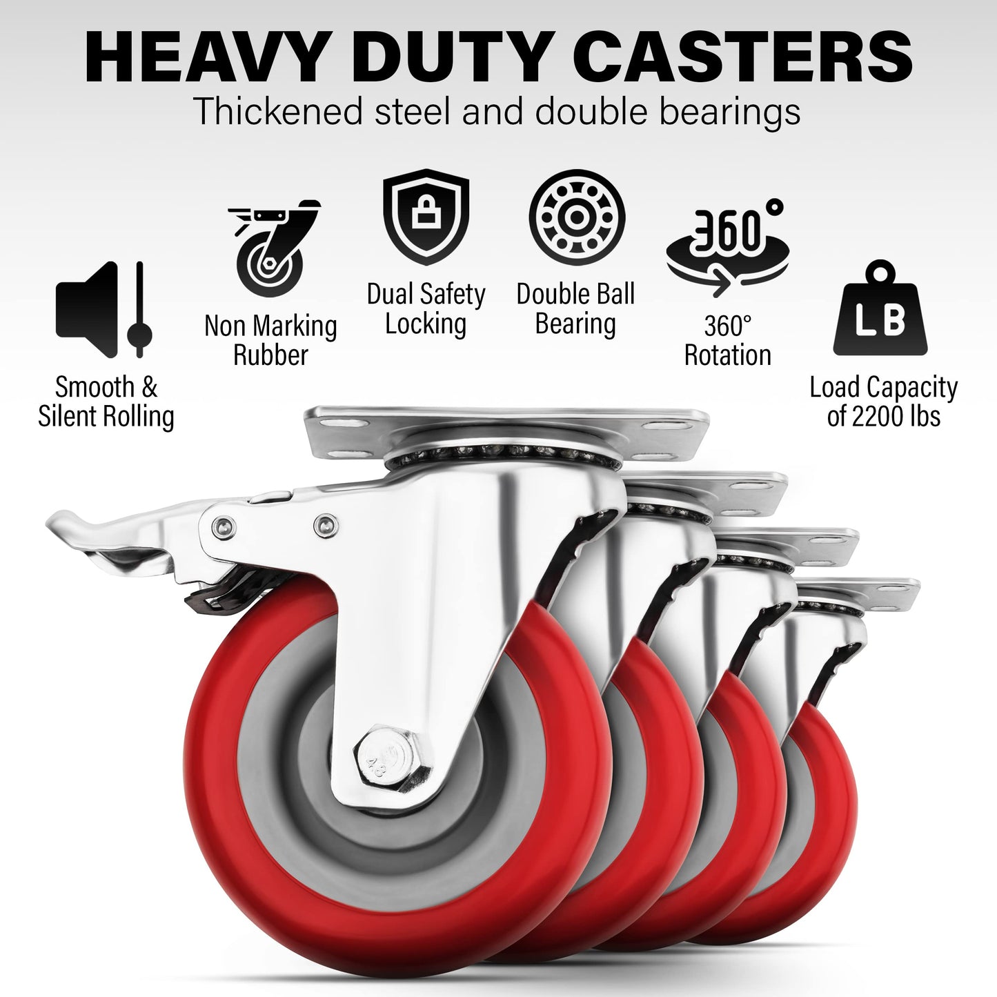 Castrek 4 Inch Caster Wheels Heavy Duty Casters Set of 4 (2200lbs Load Capacity) Lockable Cart Wheels with Brakes, 360 Degree Rotatable - Ideal Caster for Cart, Furniture and Workbench (4 x Brakes)