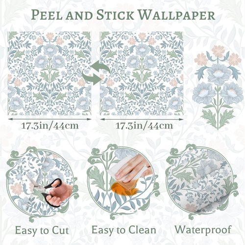 Floral Wallpaper Peel and Stick Wallpaper 17.3"x78.8" Boho Contact Paper Removable Self Adhesive Wall Paper for Bathroom Bedroom Blue and White Wildflower Wallpapers for Walls Home Decorate Vinyl