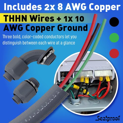 Sealproof Power Whip Assembly, 1/2-Inch x 6 Ft Nonmetallic Liquid Tight Flexible Electrical Conduit and 10 Gauge Wire Single Phase Preassembled A/C Hook-up Whip Kit, 1/2"