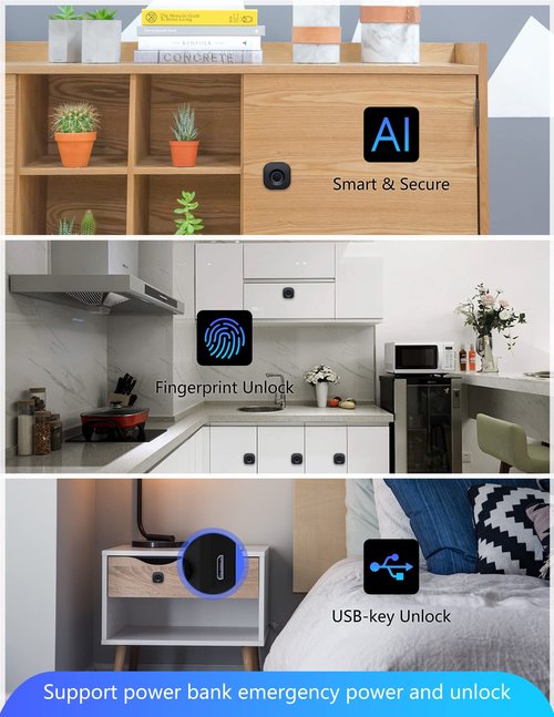 SUMNEW Fingerprint Cabinet Lock, Smart Biometric, Fit for Keyless Hidden File Drawer Wardrobe, Child Safety Electric Fingerprint Lock, DIY Wooden Furniture Privacy for Home Office