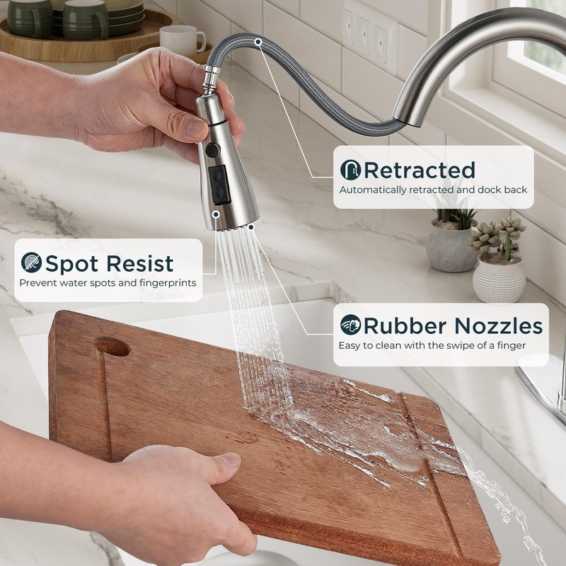 QFN Kitchen Faucet with Pull Down Sprayer Brushed Nickel, High Arc Single Handle Single Level Stainless Steel Pull Out Sink Faucet for Farmouse Camper RV Bar, Fit for 1 or 3 Hole