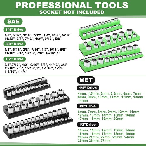 Blulu 8 Pack Magnetic Socket Organizer Set 1/4", 3/8", 1/2" Socket Holder, Magnetic Wrench Organizer 24-slot Drawer Storage Rack Tool Tray SAE (1/4" to 1-1/16"), Metric (6mm to 24mm), Green Black