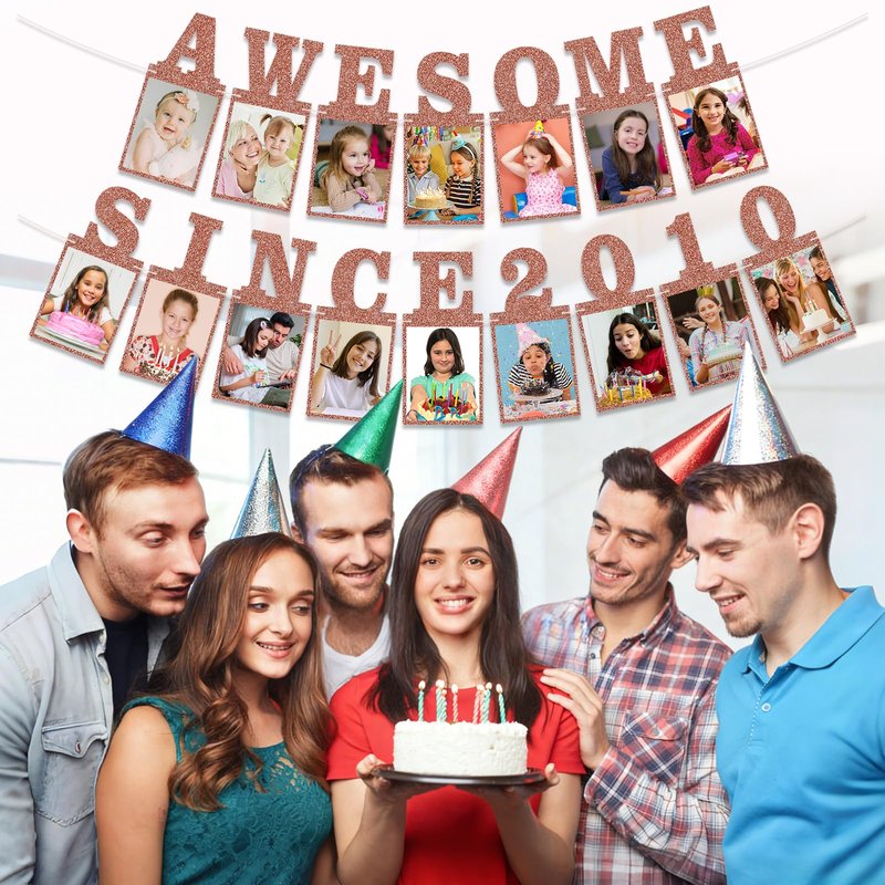 Pre-strung Awesome Since 2010 Photo Banner Birthday Decorations for Girls Women- Pink Rose Gold Glitter Sweet 16th Birthday and Anniversary Decorations Party Supplies