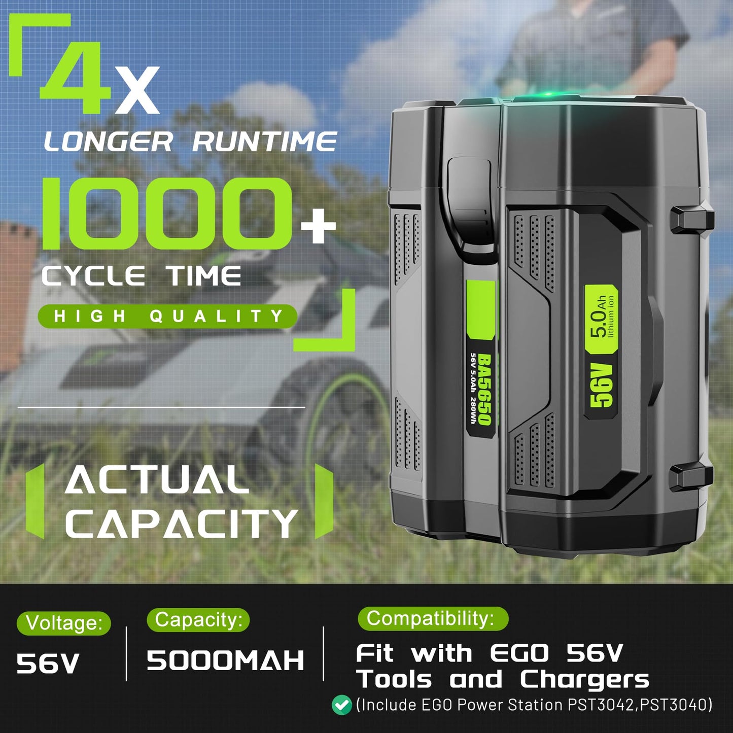【with Wall Holder】56V 5.0Ah Replacement Battery for EGO 56V Battery BA2800T BA4200 BA5600T BA1400, Compatible with EGO 56 Volt Battery Power+ Tools STA1500 ST1502LB CS1604 LB4800 LB6504 LB5804 HT2400