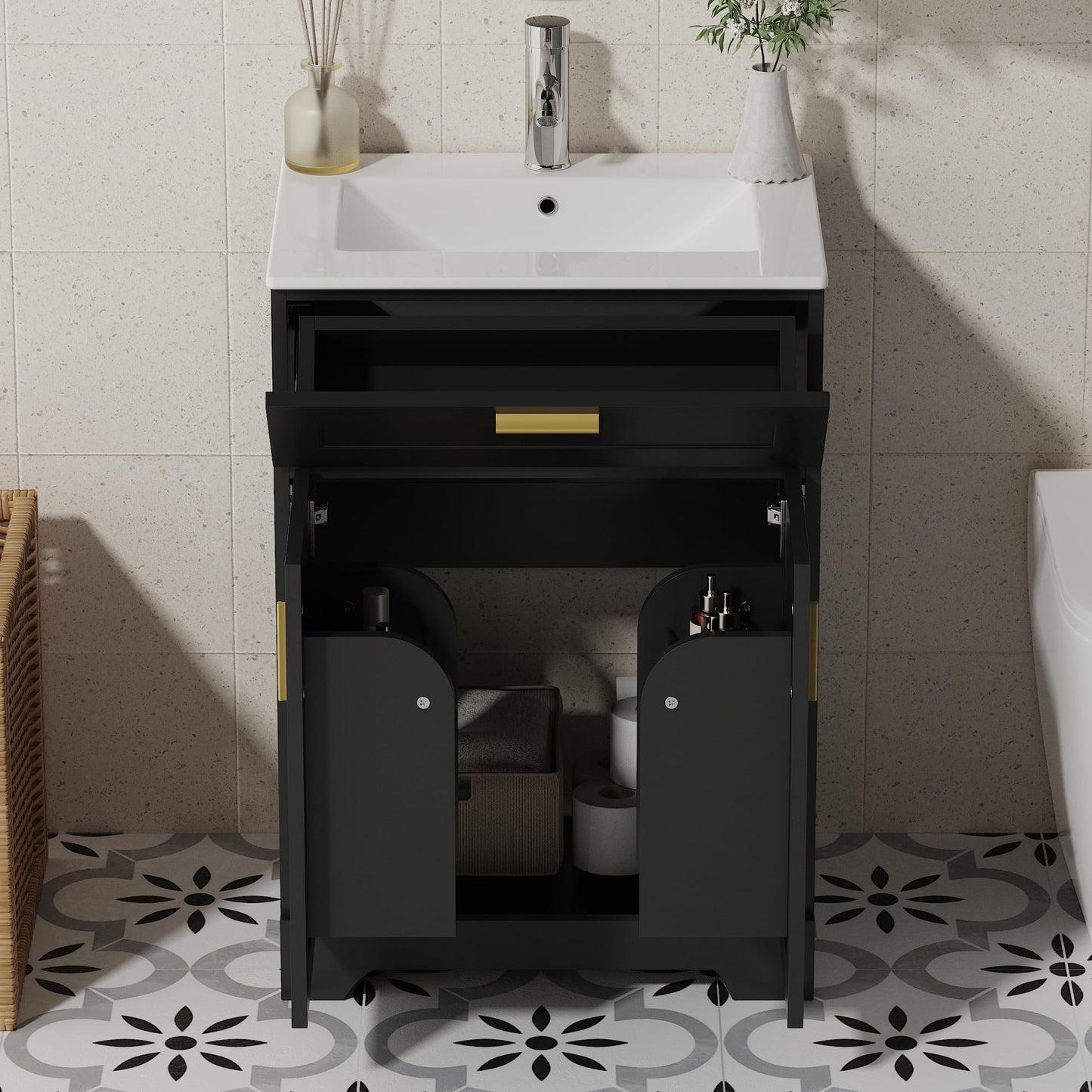 Ayiseedmid 24 Inch Bathroom Vanity with Ceramic Sink, Wooden Cabinet with Undermount Sink, Bathroom Storage Vanity with Sink-Combo Set, 2 Doors, Faucet, 1 Drawer (Black, 24")