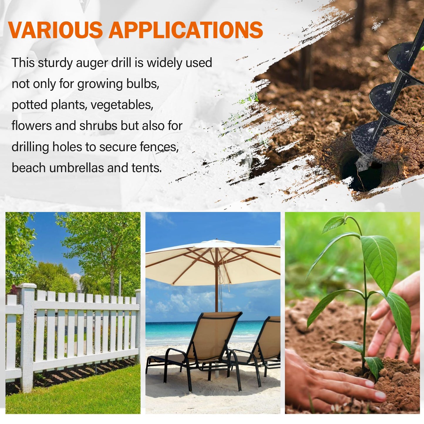 KENDO Auger Drill Bit for Planting Set of 1, Garden Ground Earth Spiral Drill Bits and Bulb Planter Tool for 3/8" Hex Drive Drill, for Post Hole Digger, Bulb Bedding Digging, Plant Rapid Planter