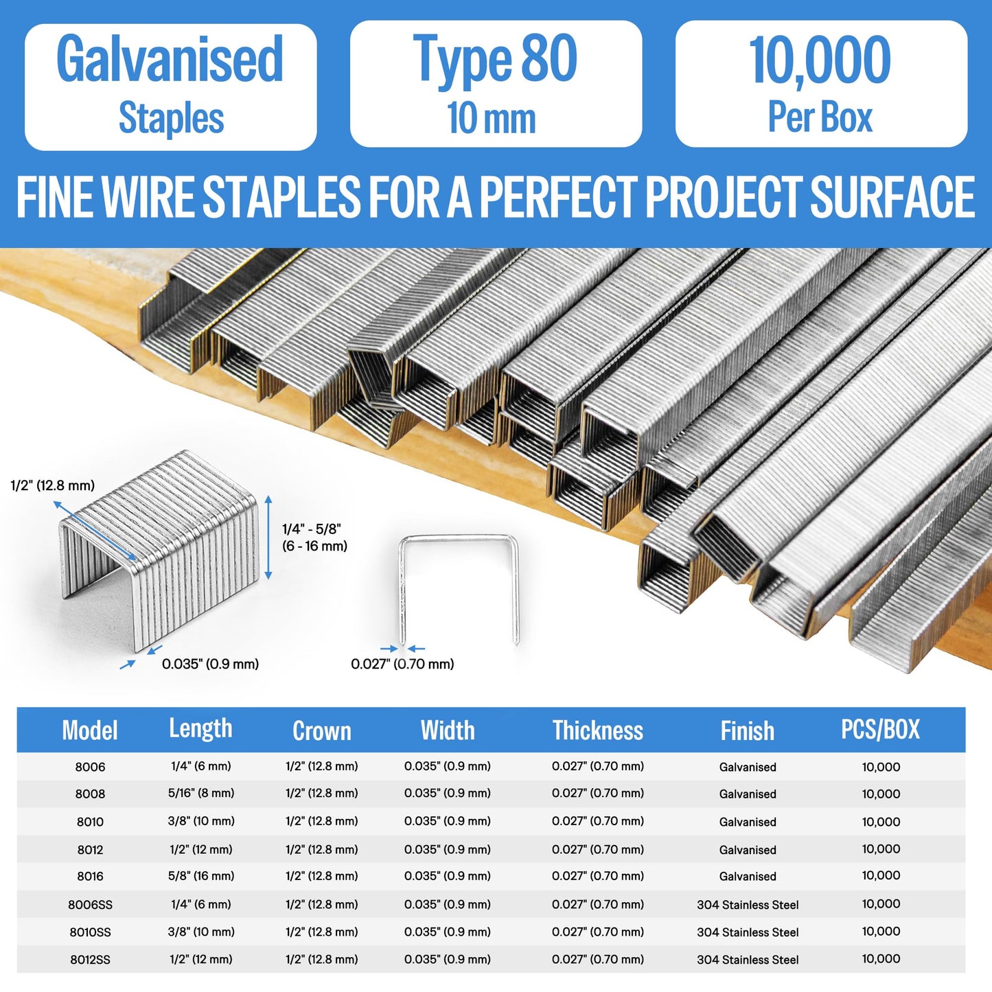 meite 21 Gauge Upholstery Staples, 1/2-Inch Crown with 3/8-Inch Length Galvanized Heavy Duty Staples for Staple Guns MT8016, MT8016S, and MT8016SLN (10,000 Counts)