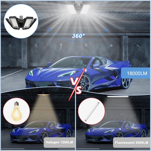 Aoretic LED Garage Lights 1 Pack -180W, 18000LM 6500K Led Shop Light with 6+1 Deformable Panels, Basement Barn Light Garages Ceiling Lights, E26/E27 for Garage, Warehouse, Shop