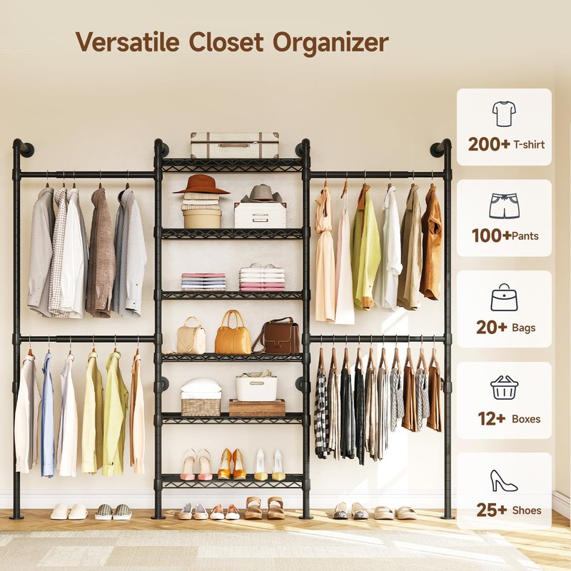 ONBRILL H3 Expandable Wall Mounted Closet System, 5.4FT-8.1FT Closet Organizer with 4 Telescopic Rods & 6 Wire Shelves, Industrial Pipe Clothing Rack for Walk-in & Reach-in Closet (Black)