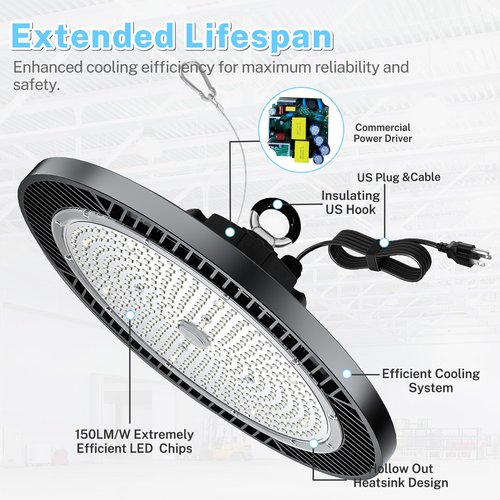 THELUX 6Pack Super Bright 200W LED High Bay Light with 30000lm 5000K,100V-277V,5000K with US Plug, 5Cable High Bay Led Shop Lights for Warehouse Workshop Factory Gym Garage with FCC certificated