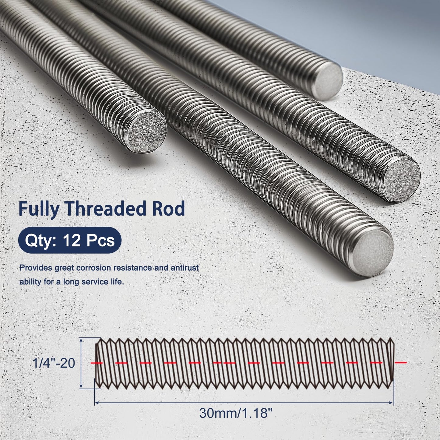 HiPicco 1/4"-20 Fully All Threaded Rod & Studs, 30mm/1.18" Length, 304 Stainless Steel Right Hand Thread Screw for Furniture Mounting Assembly Fastening 12 Pack