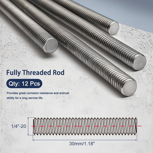 HiPicco 1/4"-20 Fully All Threaded Rod & Studs, 30mm/1.18" Length, 304 Stainless Steel Right Hand Thread Screw for Furniture Mounting Assembly Fastening 12 Pack