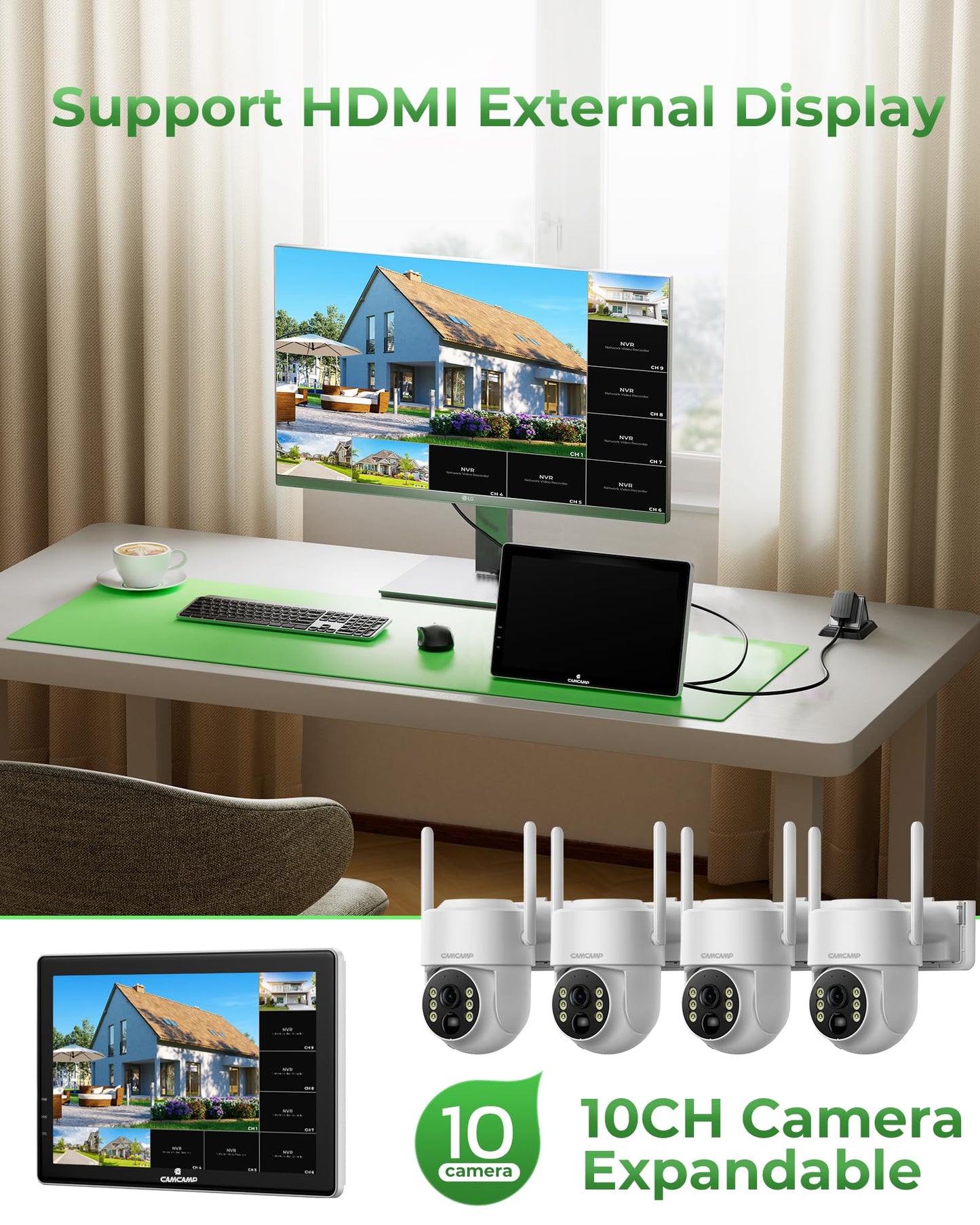 CAMCAMP Solar Security Cameras Wireless Outdoor with 10" Monitor, 10CH NVR 2K Solar Home Security Camera System with 360° Color Night Vision,2-Way Audio,500GB Local Storage,No Monthly Fee,No Need WiFi