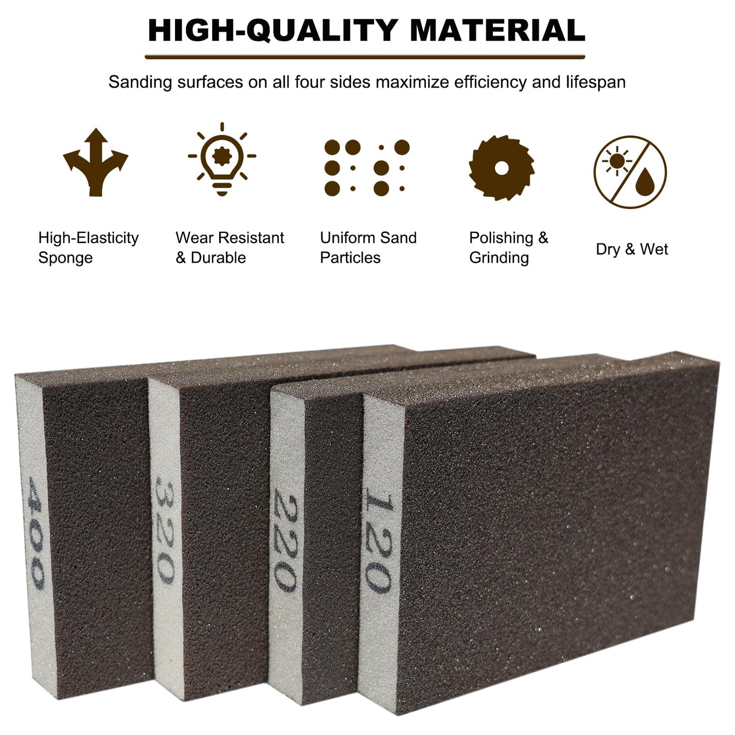 4 Pack Hand Sanding Sponge Set -120 220 320 400 Grit- Coarse Medium Fine Grit Sanding Block, Sander Sponges for Wood-Working Drywall Metal, Washable and Reusable Sponge for Rust Removal Polishing