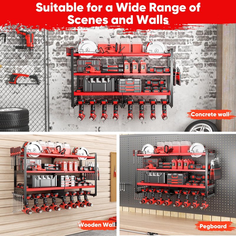 POKIPO Upgrade Large power tool organizer Wall Mount,4 Layers Heavy Duty Metal Loads 400lbs Power Tool Hanger Shelf Battery Storage with 8 Cordless Drill Bit Holder,Utility Racks for Garage Tool Room