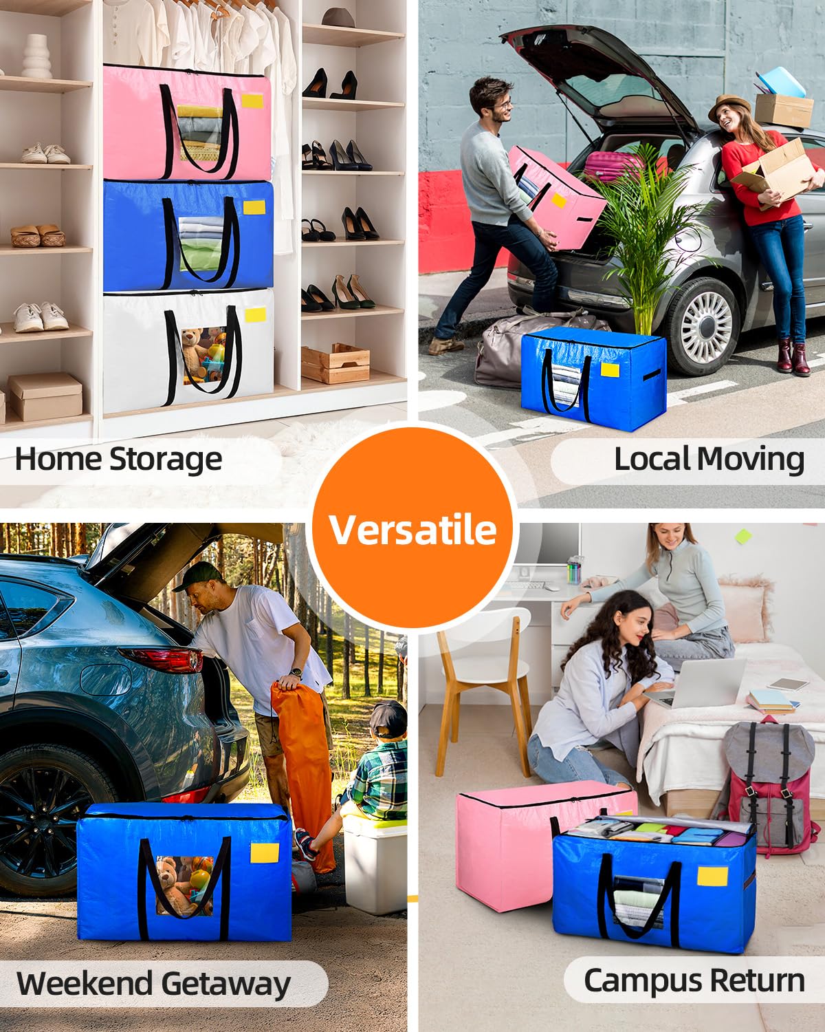 AdeaBag Extra Large Moving Bags, 4 Pack Heavy Duty Storage Bags Boxes Bins Totes with Hnadles Zippers Visible Window for Clothes College Dorm Travel, Blue