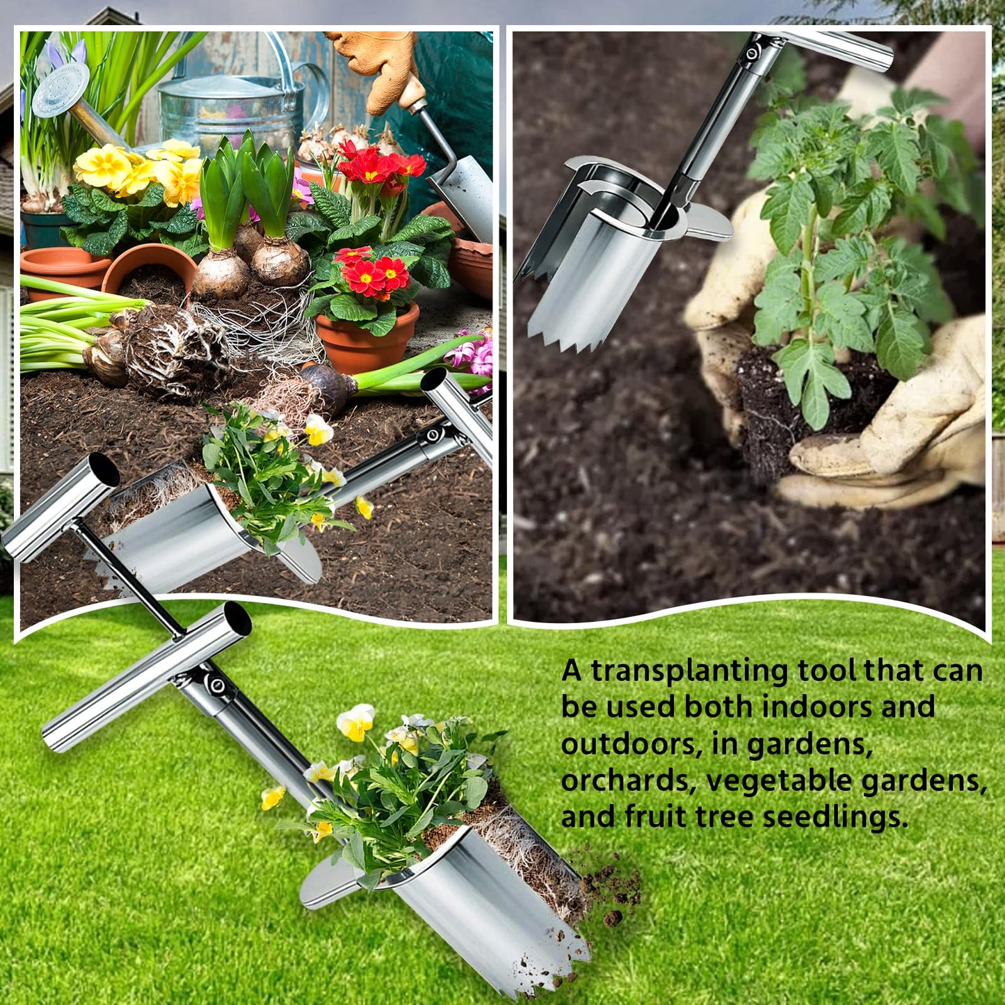 Bulb Planter Tool,new Stainless Steel plant seedling transplanter,Equipped with a foot pedal garden transplanter tool. Including plant support rods and twist ties,use for flowers fruit tree seedlings