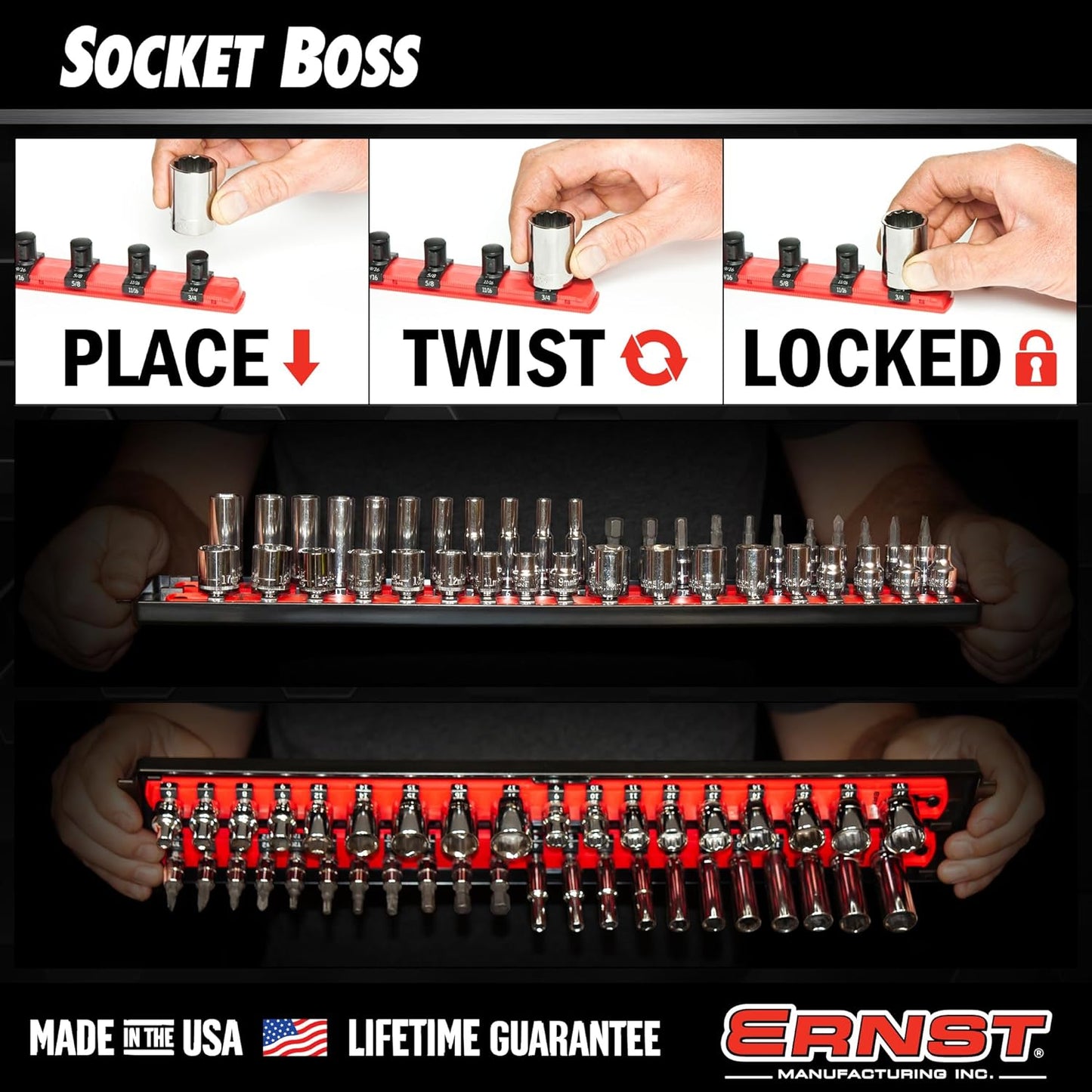 Ernst Manufacturing 19-Inch Socket Boss Organizer with Twist-Lock 2 Rails for 1/2-Inch Drive Sockets, Blue, Model 8457 – Secure and Durable Socket Storage Solution - Made in USA
