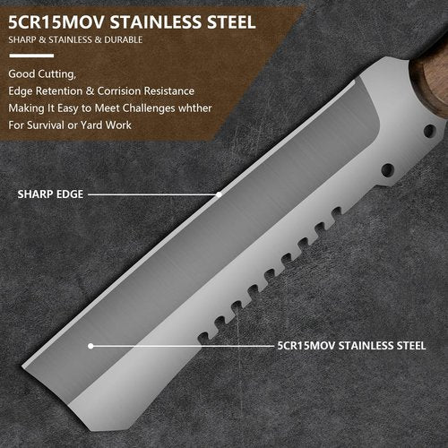 Heavy Duty Machete Knife with Sheath, 0.22’’ 5CR15MOV Stainless Steel Blade Spine & Wood Handle, Full Tang Survival Machete for Cutting Trees Heavy Duty, Gardening Machetes for Yard Work, Gift for Men