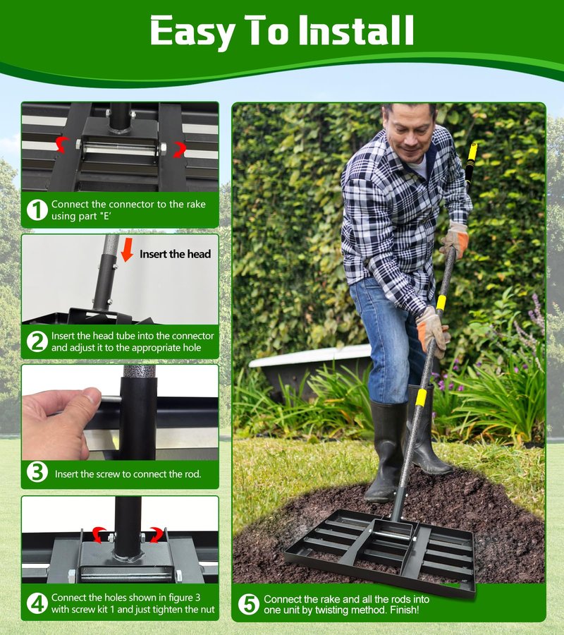 Lawn Leveling Rake 17x10 Inch , Heavy-Duty Yard Leveling Rake 6.2FT Leveler Tool for Soil, Sand & Topsoil, Backyard, Garden, Golf Course