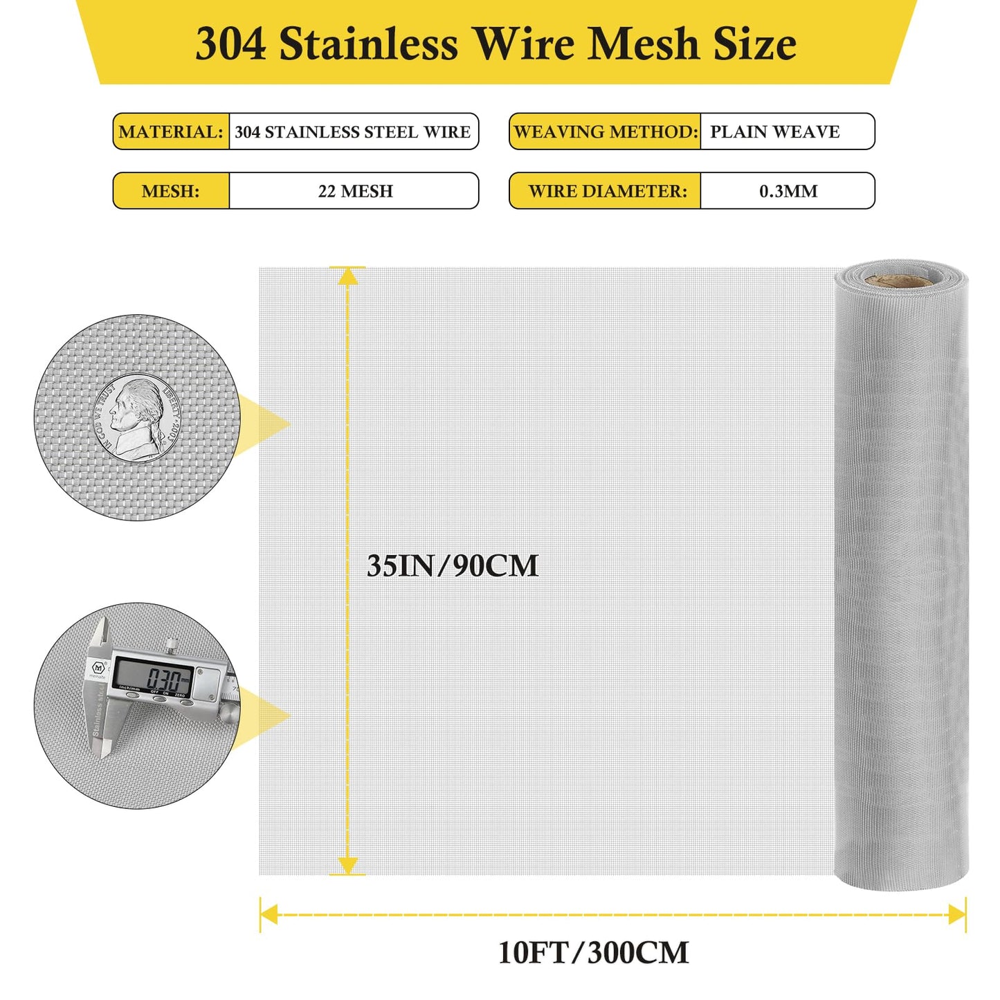 fowong 304 Stainless Steel Mesh Window Screen Roll 35INx10FT Silver Metal Window Screen Replacement, Wire Mesh for Door, Patio, Porch, Chicken Pet Cages, DIY, Easy to Cut and Install (20 x 22 Mesh)