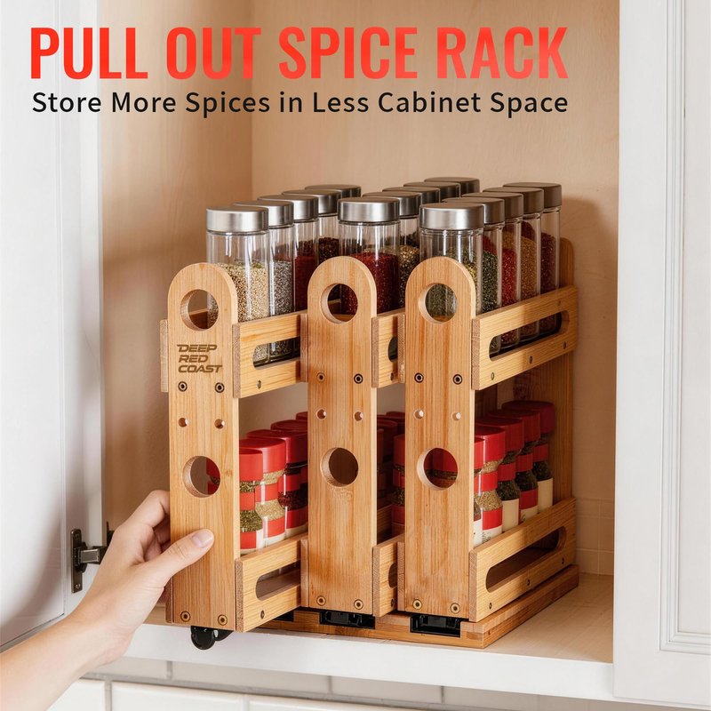deepredcoast Pull Out Spice Rack Organizer for Cabinet Wide Slide Out Seasoning Rack Fits 2.1" Jars Large Capacity for Pantry Kitchen Cabinet 9" Deep Heavy Duty Easy Install
