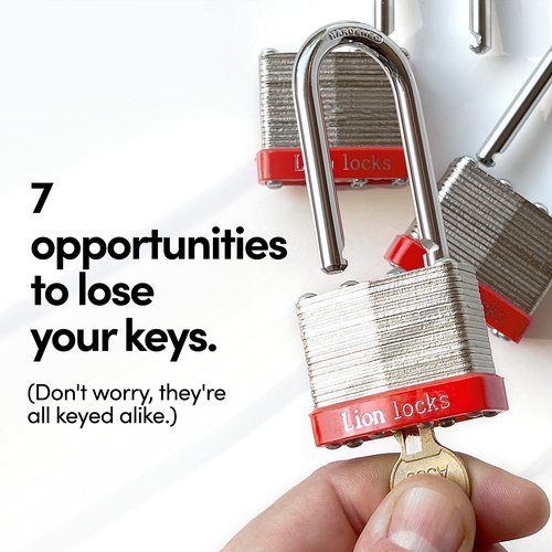 Lion Locks 4 Keyed-Alike Padlocks w/ 2” Long Shackle, 8 Keys, Hardened Steel Pad Lock, Pick Resistant Brass Pin Cylinder (Pack of 4)