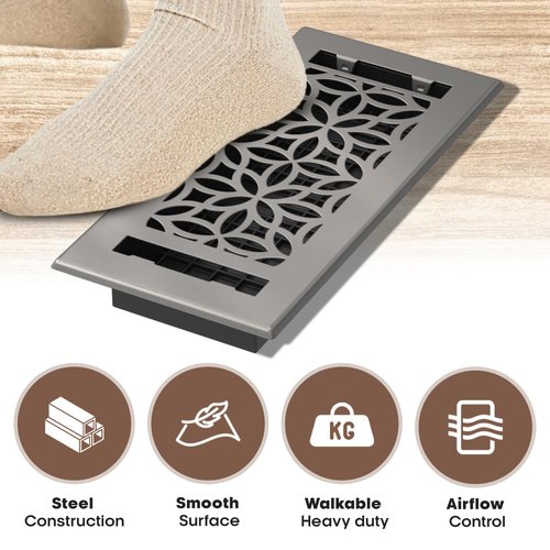 Floor Register 4x10 Vent Cover – 2 Pack – Heavy-Duty Steel, Rustproof & Walkable Grates, Easy Drop-in Install, Adjustable Air Supply Switch - Decorative Floral Design, Brushed Nickel