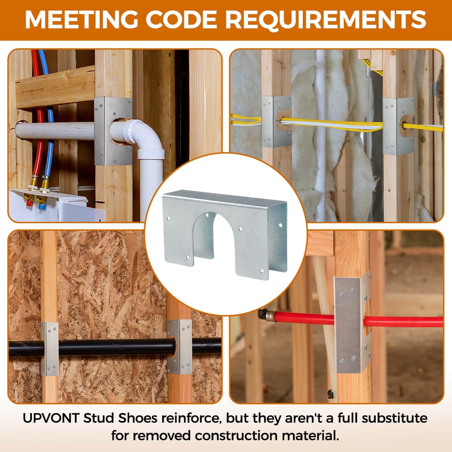 UPVONT Stud Shoes for 2x Studs, 16-Gauge Galvanized Stud Shoes, 6.25" Height, 1.5" Width, Fits Up to 2 3/8" OD Pipes – Thicker, Higher, IBC/IRC Code Compliant, Extra Durable (1.5" x 6.25" - 2 PCS)