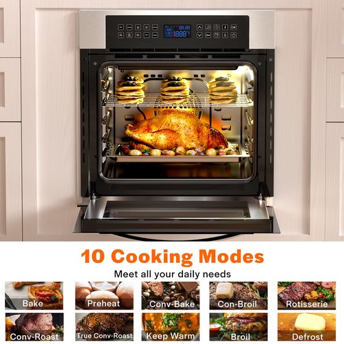 Empava 24 Inch Electric Single Wall Oven 10 Cooking Functions Deluxe 360° ROTISSERIE with Sensitive Touch Control in Stainless Steel