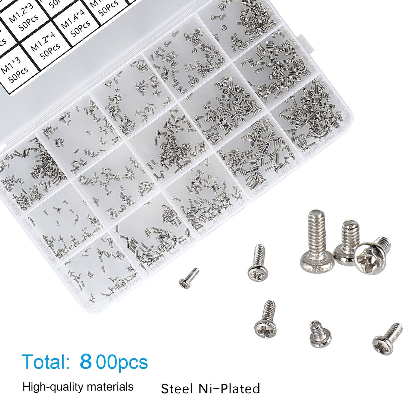 HanTof 800pcs Tiny Screws for Electronics, M1/M1.2/M1.4/M1.6/M1.7 Very Small Phillips Pan Head Machine Screws, Micro screws, Mini Screws Assortment Kit for Electronic Repair,Nickel-Plated Carbon Steel