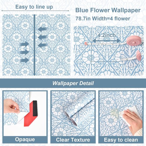 Lativo Blue and White Floral Peel and Stick Wallpaper Modern Boho Contact Paper for Cabinets Drawers Coastal Flower Leaf Self Adhesive Wallpaper Bathroom Bedroom Removable Vinyl Roll 78.7inL 17.3inW