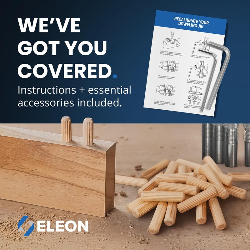 ELEON Self Centering Dowel Jig with Elongated Jaws & Extra Wide Clamp up to 6.7" - Precision Woodworking Made Effortless - Lasting Craftsmanship - Aluminum Alloy Drill with Guide & 6pcs Drill Bushings