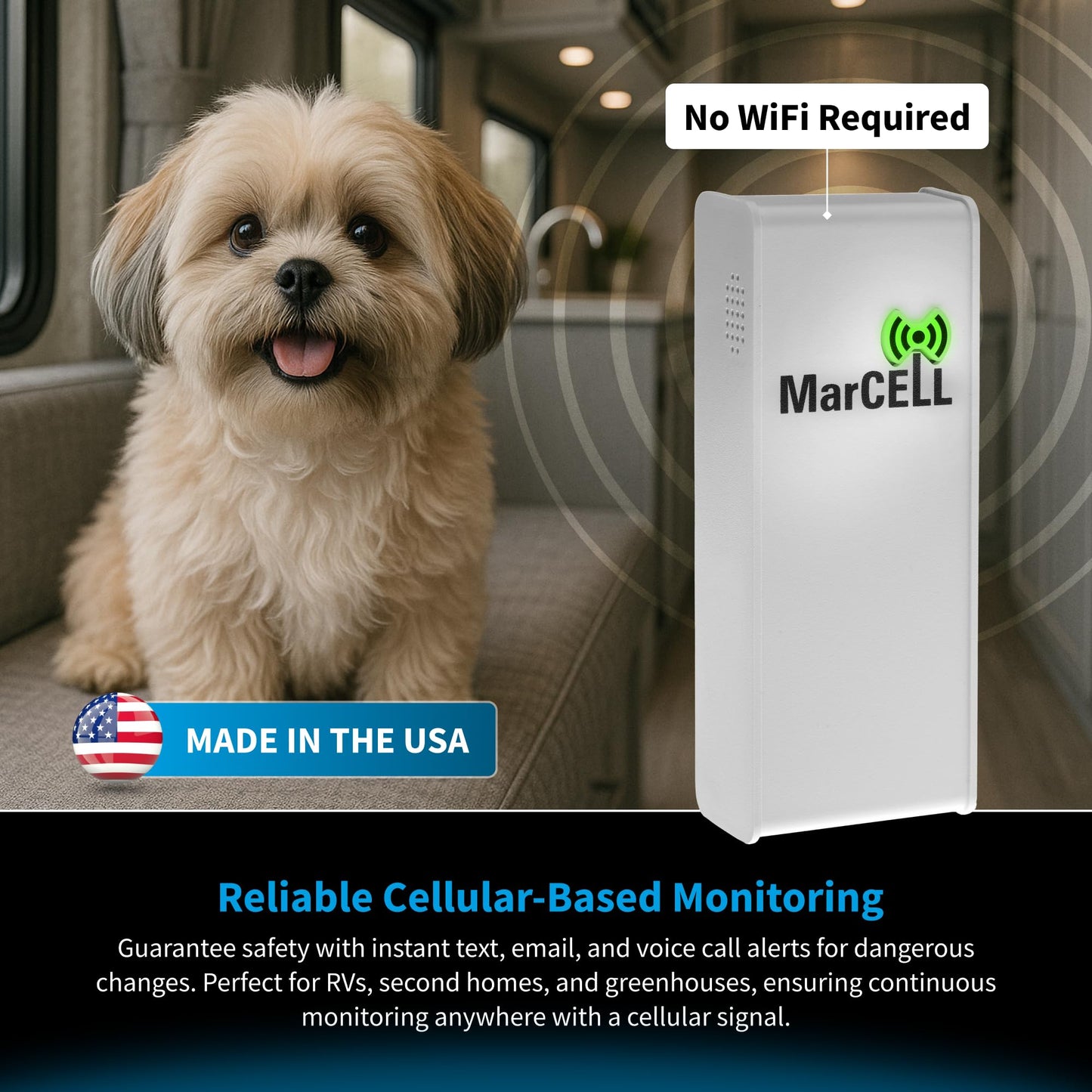 MarCELL Cellular Temperature, Humidity & Power Monitor (Verizon) - Made in The USA - RVs, Pet Safety Monitoring, Second Home Monitoring, Greenhouse Monitoring,- 24/7 Monitoring & Instant Alerts