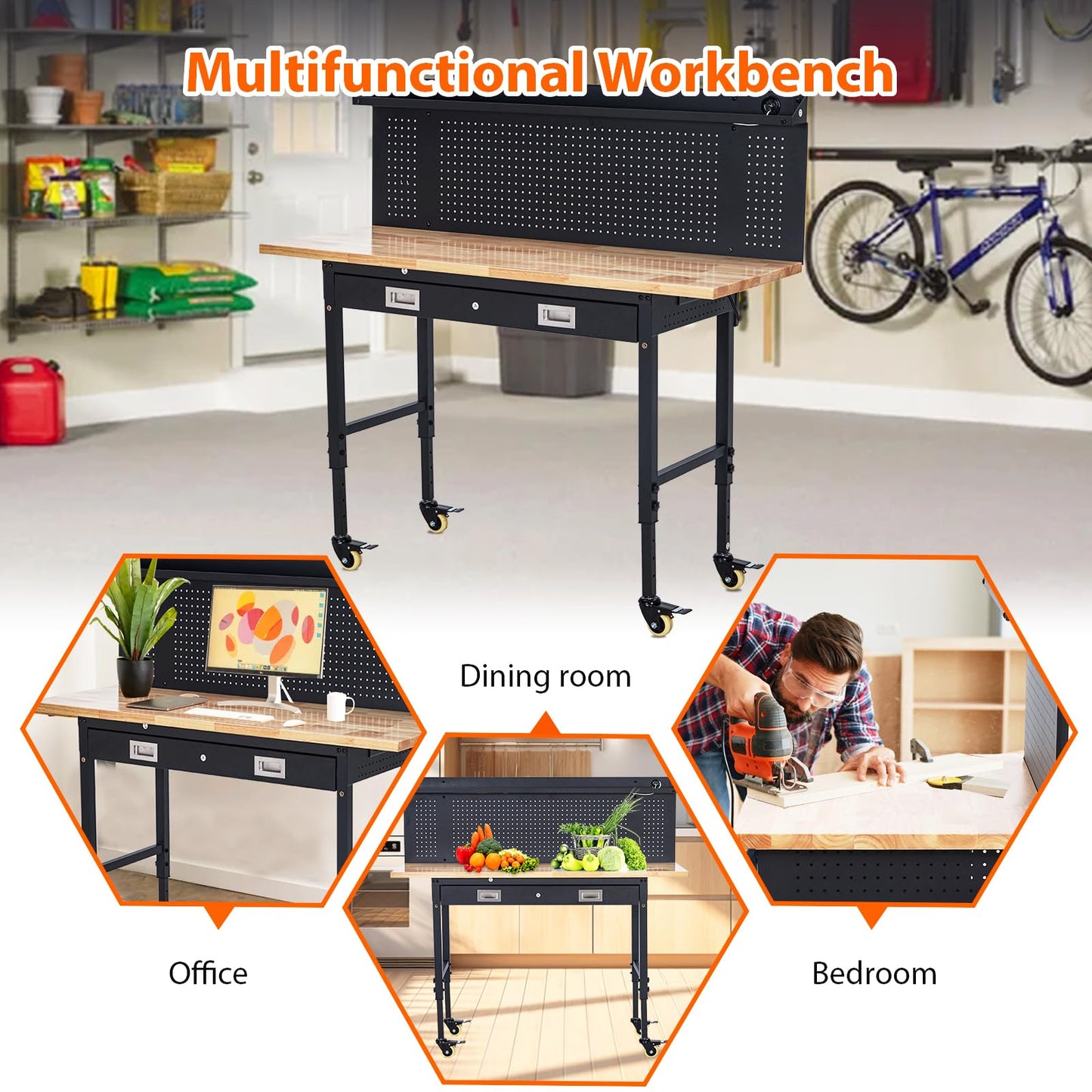 GarveeTech 60" Heavy-Duty Adjustable Workbench with 2 Drawers & Pegboard - 2000LBS Capacity, 4 Rolling Wheels, Rubber Wood Tabletop for Garage, Workshop, Home Office, Black