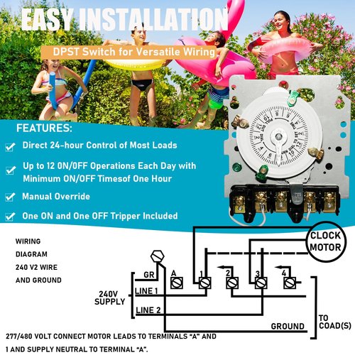 T104M Pool Pump Timer, 208-277V 40A DPST Switch, 24-Hour Mechanical Scheduling, 12 Cycle ON/Off Operations, Manual Override Outdoor Pool Timer for Pump, Reliable Control for Various Loads
