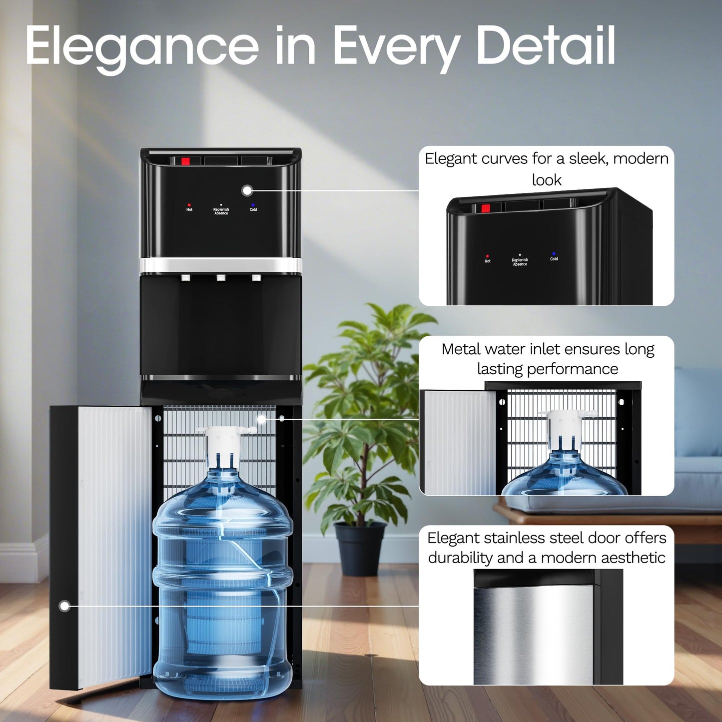 Manastin Bottom Loading Water Cooler Dispenser for 5 Gallon Bottles, Stainless Steel Water Cooler with 3 Temperature Settings - Hot, Cold & Room Water, Ideal Design for Home & Office, Pure Black