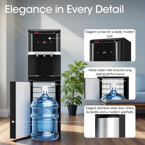 Manastin Bottom Loading Water Cooler Dispenser for 5 Gallon Bottles, Stainless Steel Water Cooler with 3 Temperature Settings - Hot, Cold & Room Water, Ideal Design for Home & Office, Pure Black