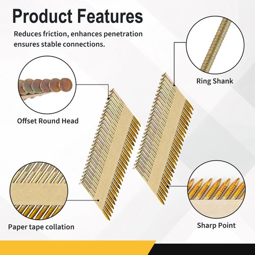 meite 30 Degree Framing Nails 2-Inch x .113 Inch, Ring Shank, Galvanized Coated, Paper Tape Collated, Offset Round Head Framing Nails for 30-34 Degree Framing Nailers (1,000 Counts)